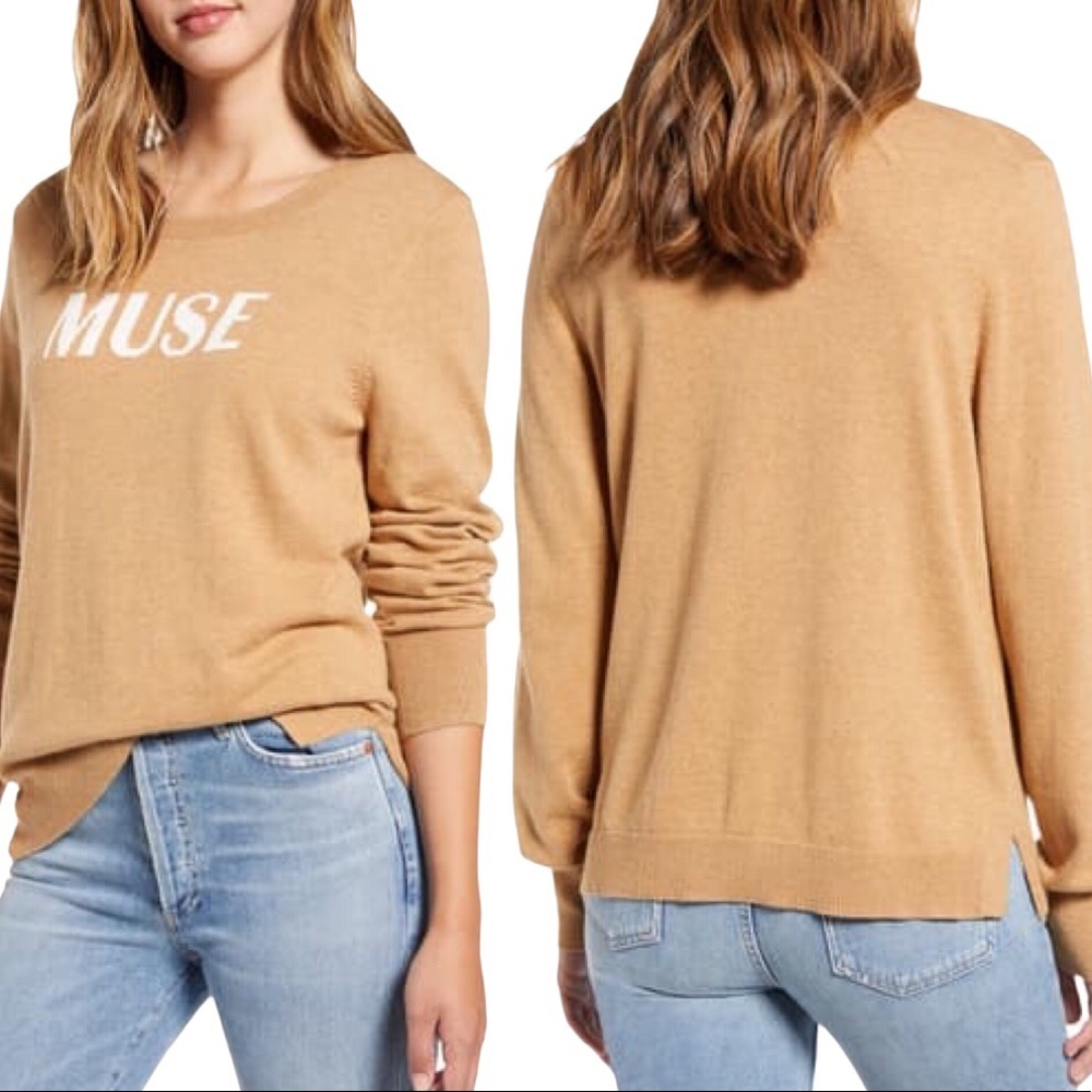 COURT & ROWE Muse Cotton Blend Crewneck Sweater Camel Brown L Retro Minimalist